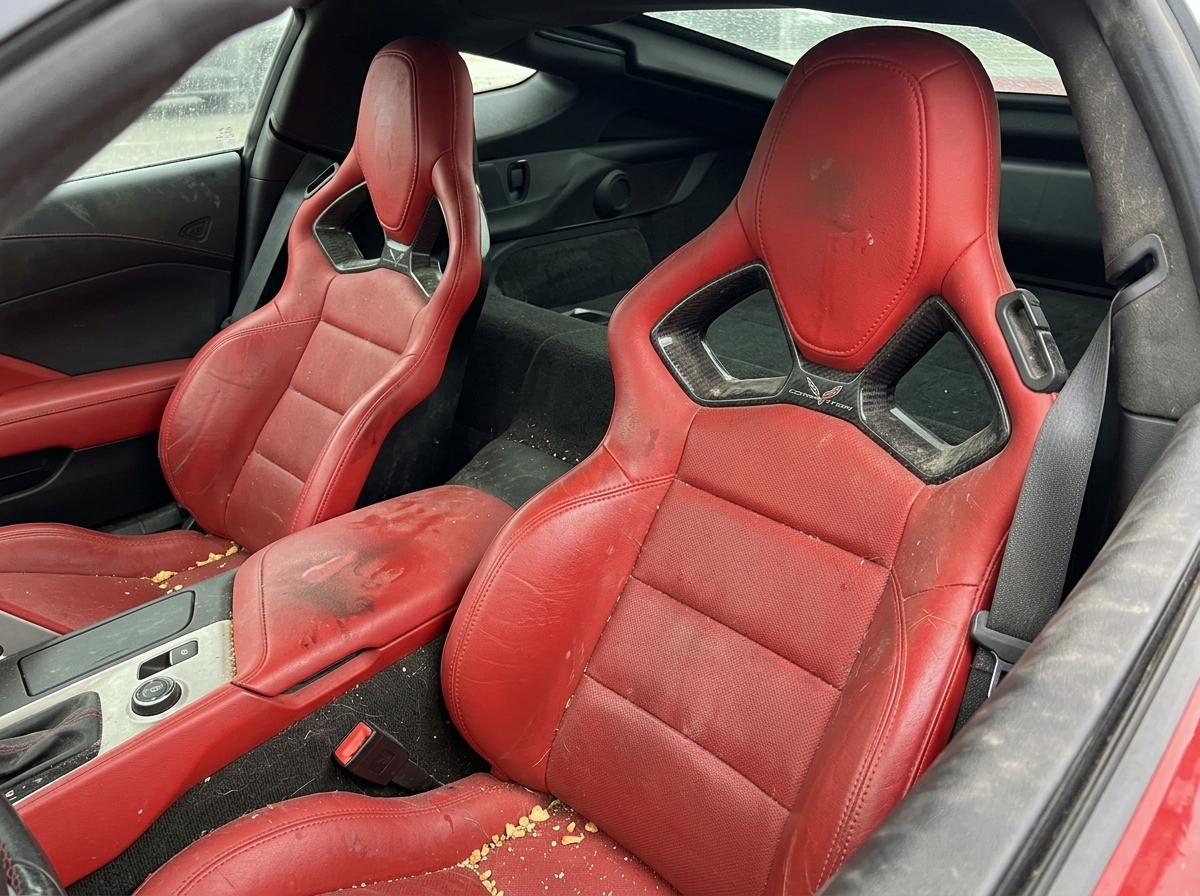 Dusty, stained car seats before interior detailing