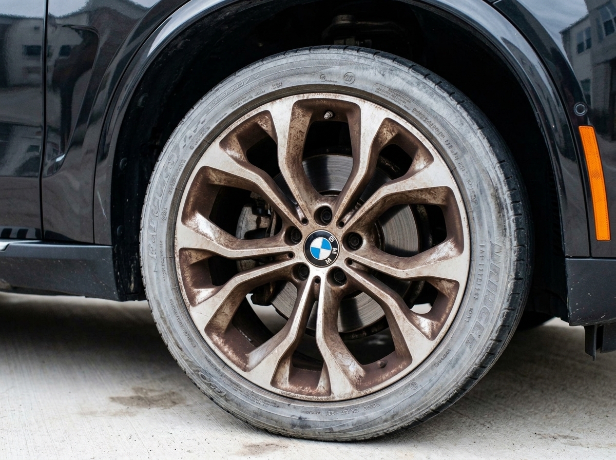 Wheel covered in brake dust before cleaning